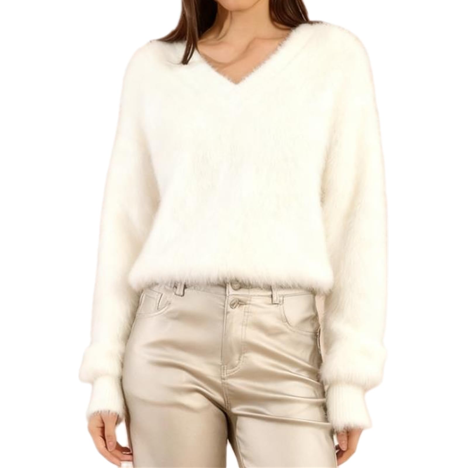 Karwuiio Womens Knit Fuzzy Sweater Long Sleeve Soft Fluffy Pullover Jumper Y2K Streetwear