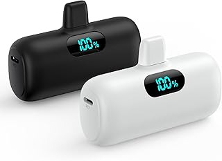 [2 Pack]Mini Portable Charger 5000mAh,Ultra-Compact 15W PD Fast Charging Power Bank,LCD Display Cute Battery Pack Backup Charger Compatible with iPhone 14/14 Pro Max/13/13 Pro/12/XR/8/7/6-Black+White