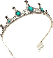 Vofler Barokk Tiara - Fekete-Arany Korona Smaragdzöld Kristályokkal - Elegáns Fejdísz Esküvőre, Jelmezbálra, Születésnapra 6