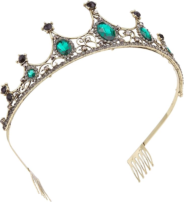 Vofler Barokk Tiara - Fekete-Arany Korona Smaragdzöld Kristályokkal - Elegáns Fejdísz Esküvőre, Jelmezbálra, Születésnapra