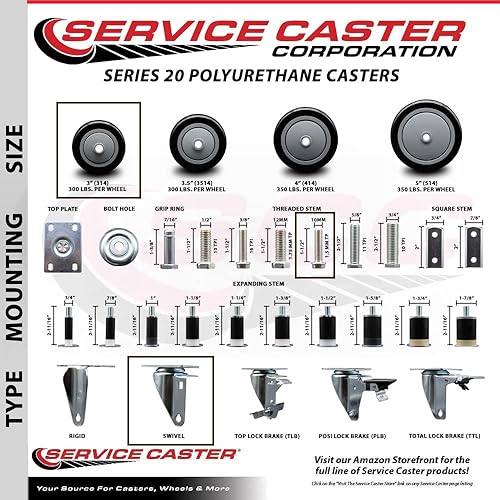 Miniatura 10 de Juego de 4 ruedas giratorias de poliuretano con vástago roscado, ruedas negras de 4 x 1.25 pulgadas y vástagos de 0.394 in, incluye 4 giratorios,