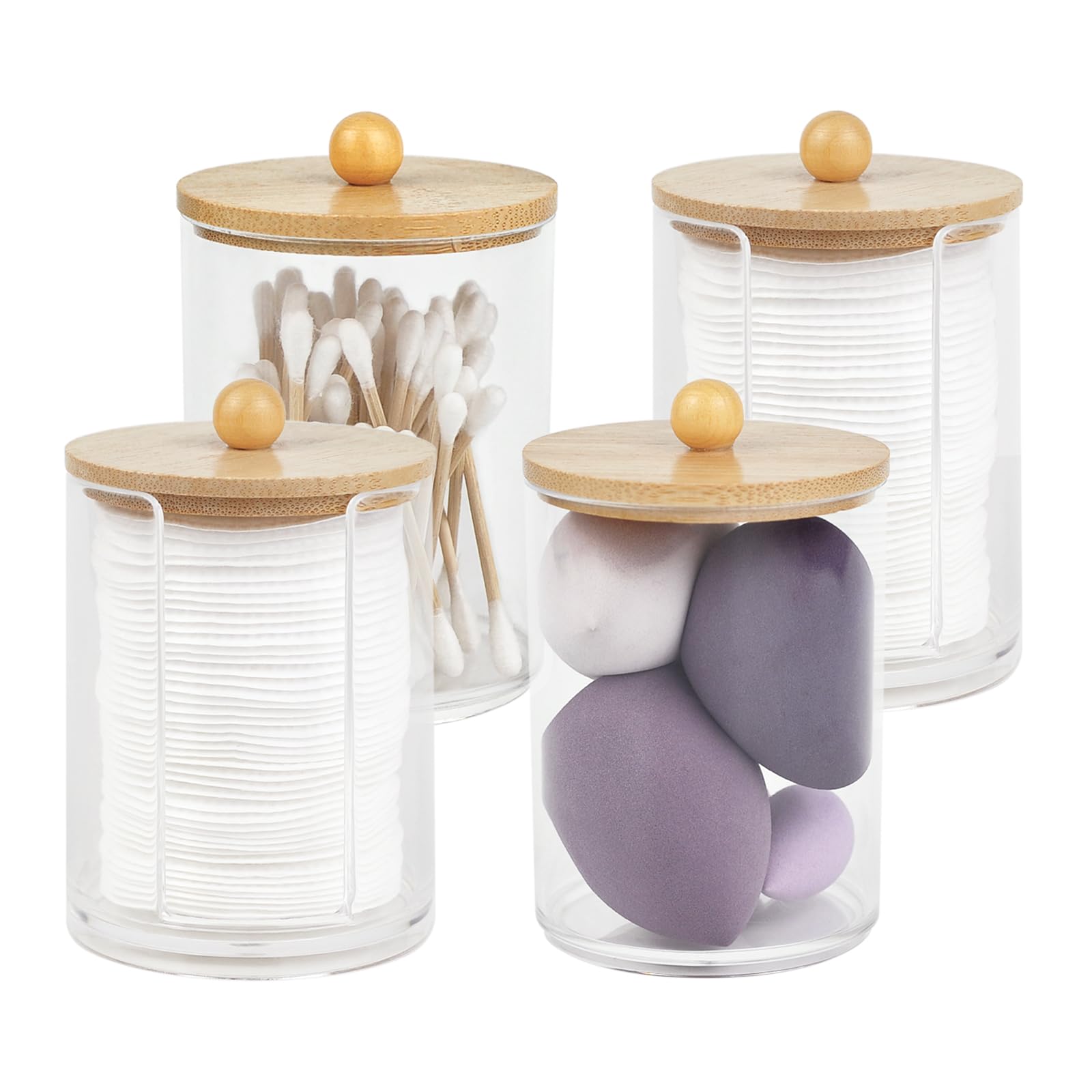 JINTANG 4 Pcs cotton pad holder,cotton bud holder with bamboo lid,cotton pad dispenser,bamboo bathroom accessories,for bathroom cotton wool balls jars,makeup remover cotton bud storage box (B)