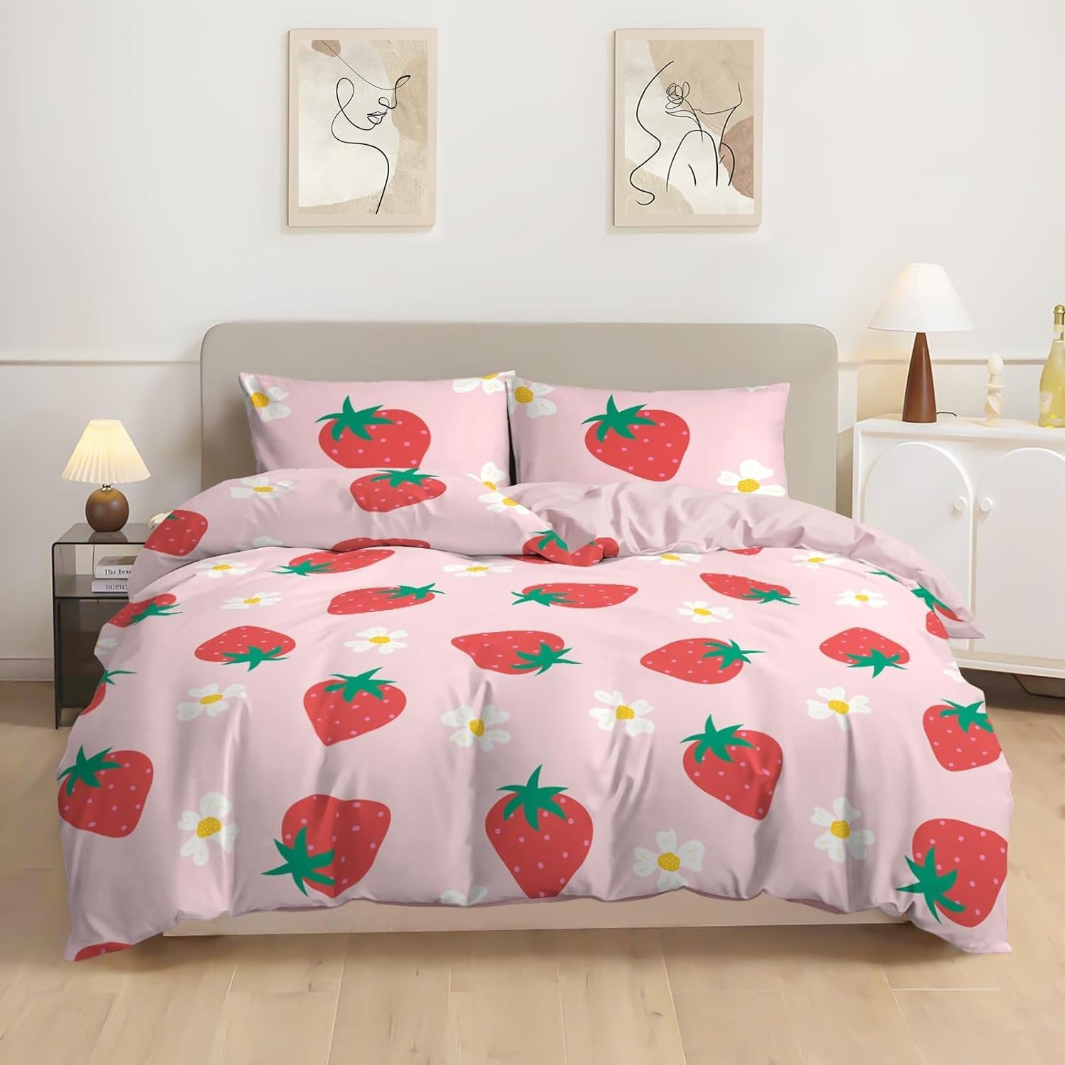 Parure de lit adulte 220x240 marguerite rose fraise pour chambre cocooning
