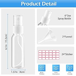 Zoizocp Spray Bottles, 4oz/120ml Clear Empty Fine Mist Plastic Mini Travel Bottle Set, Small Refillable Liquid Containers with 2pcs Funnels and 24pcs Labels (6 Pack)