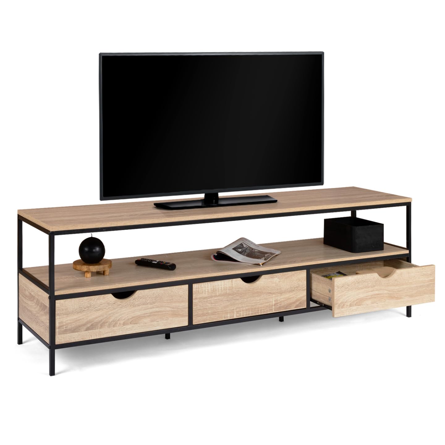 Mueble TV de diseño 140 cm con grabados grabado de metal blanco y dorado OZEN