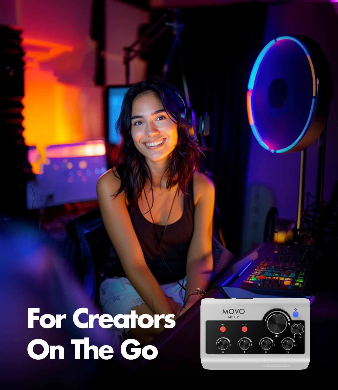 Movo MDX-2 - Interfaz de audio portátil de 2 canales, diseño compacto, funciona con pilas, compatible con PC, Mac, iPhone, iPad y Android, alimentación Phantom de 48 V, USB-A, USB-C y cables Lightning