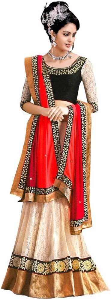 Radheshyam Enterprise Women's Net Lehenga Choli, Free Size, OffWhite Red