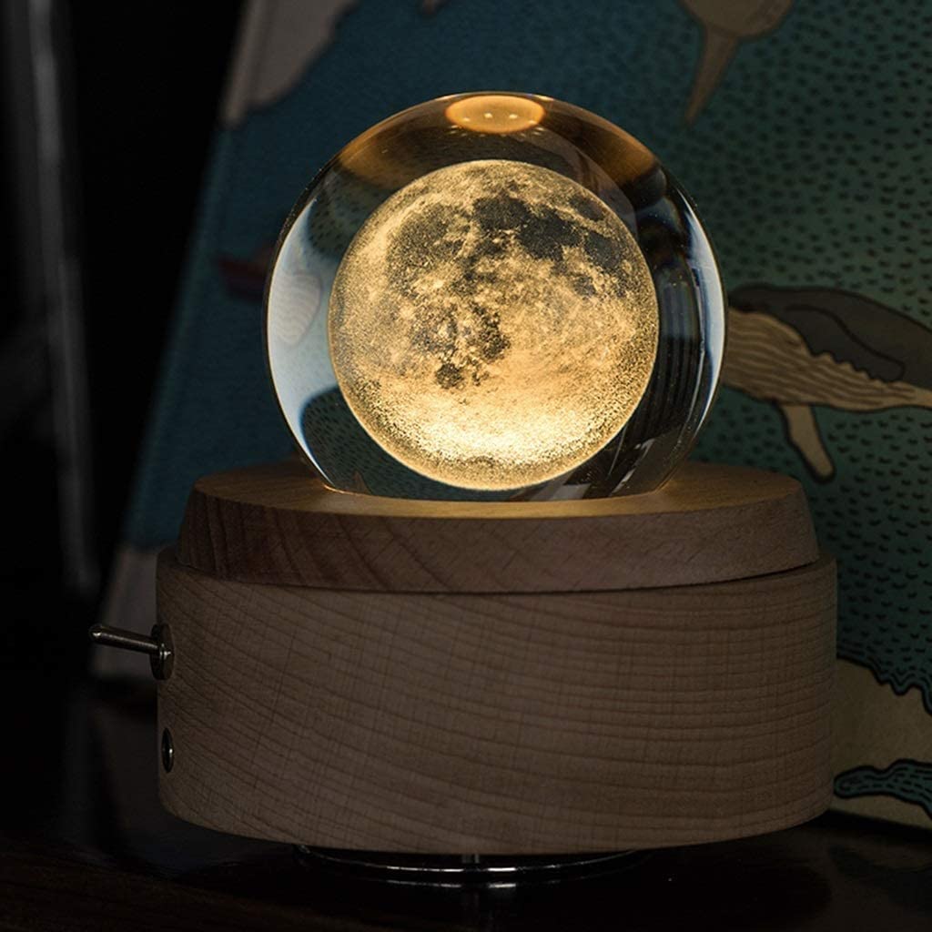 TsoLAY HSF Moon 3D Music Box Crystal Ball Base in Legno Carillon Rotante con Luce a LED Regalo per San Valentino Natale (Color : Natural, Size : A)