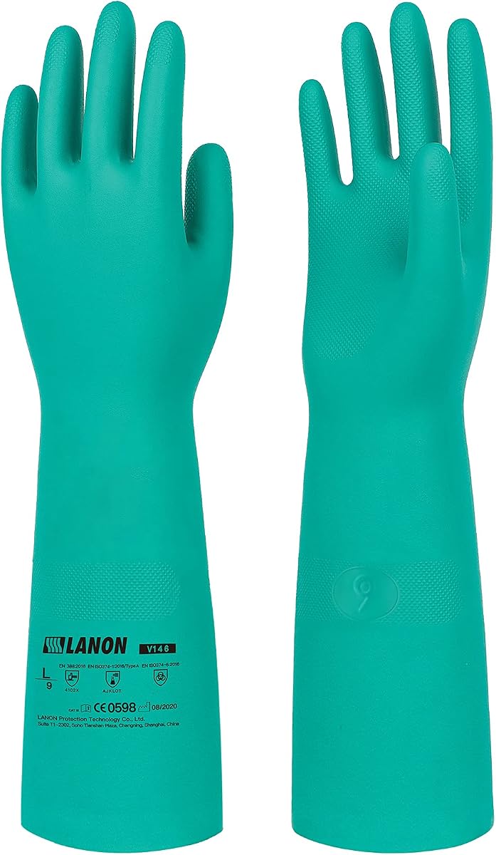 LANON 18" Long Nitrile Chemical Resistant Gloves,Unlined,Green,Large | Heavy-Duty Work,Cleaning,Dishwashing,Waterproof,Reusable,Comfortable,Durable,Non-Slip,Latex Free,Acid,Alkali & Oil Protection