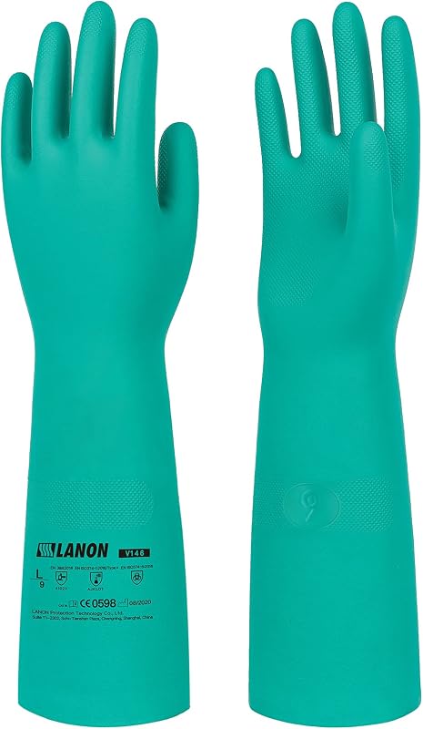 LANON 18" Long Nitrile Chemical Resistant Gloves,Unlined,Green,Large | Heavy-Duty Work,Cleaning,Dishwashing,Waterproof,Reusable,Comfortable,Durable,Non-Slip,Latex Free,Acid,Alkali & Oil Protection
