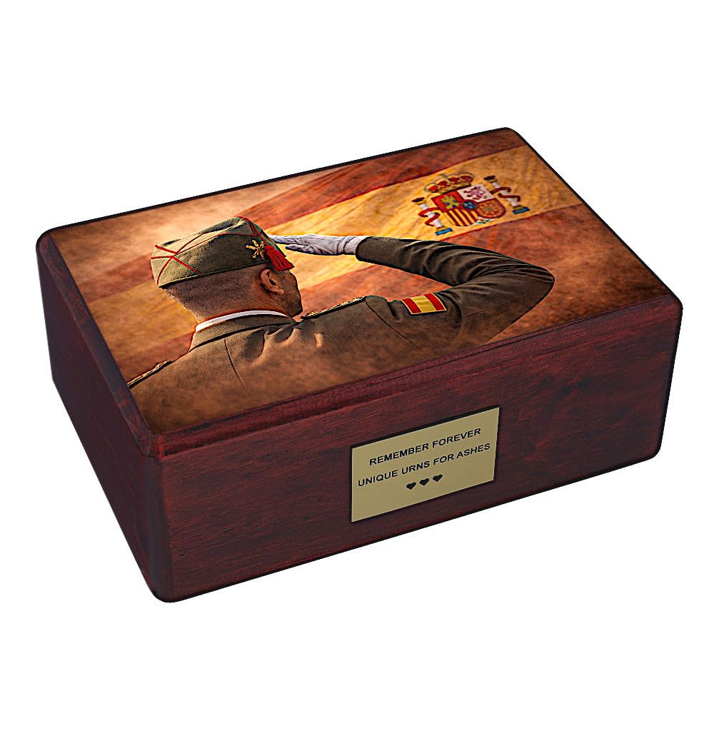 Spanish Soldier Cremation Urn for Adult Human Ashes, Wooden Military Memorial Tribute