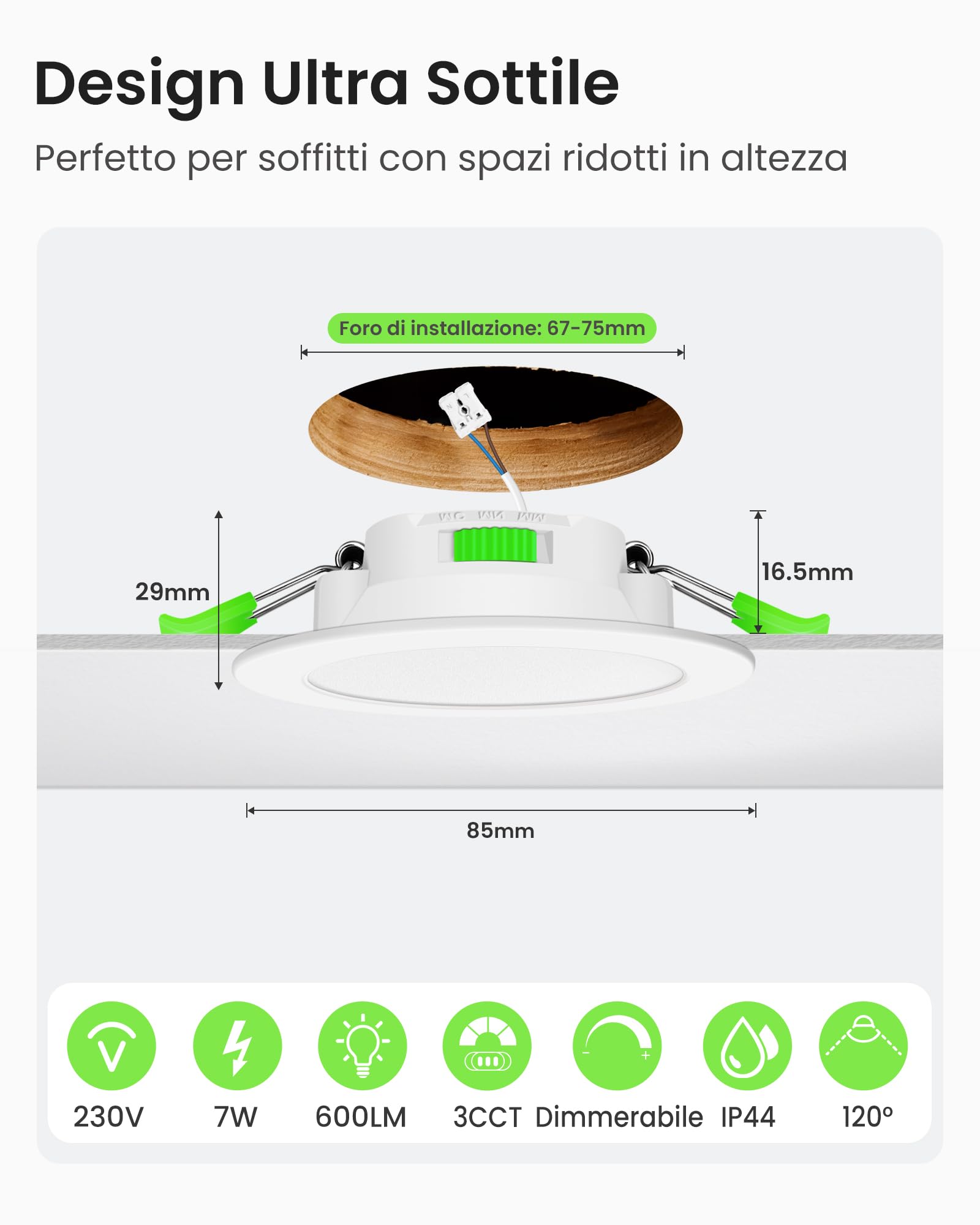 ALUSSO Faretti LED da Incasso per Cartongesso Dimmerabili, Ultrasottili 7W IP44 3000K 4000K 6500K Faretti LED Soffitto, AC 220-240V, Diametro Foro Ø67-75mm, Rotondo Bianco, Set di 6