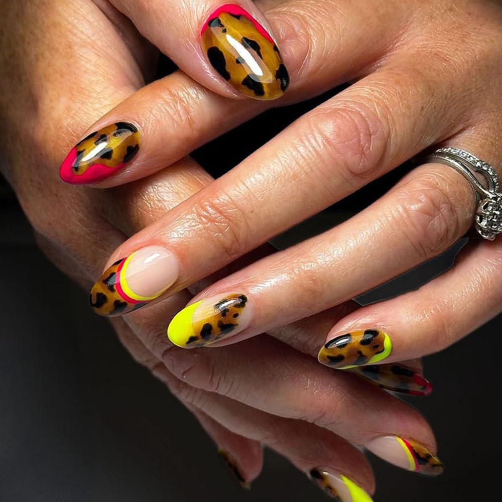 Neon Leopard Print Press-On Nails, French Style, Yellow and Pink Accent Tips, Almond Shape, 24Pcs