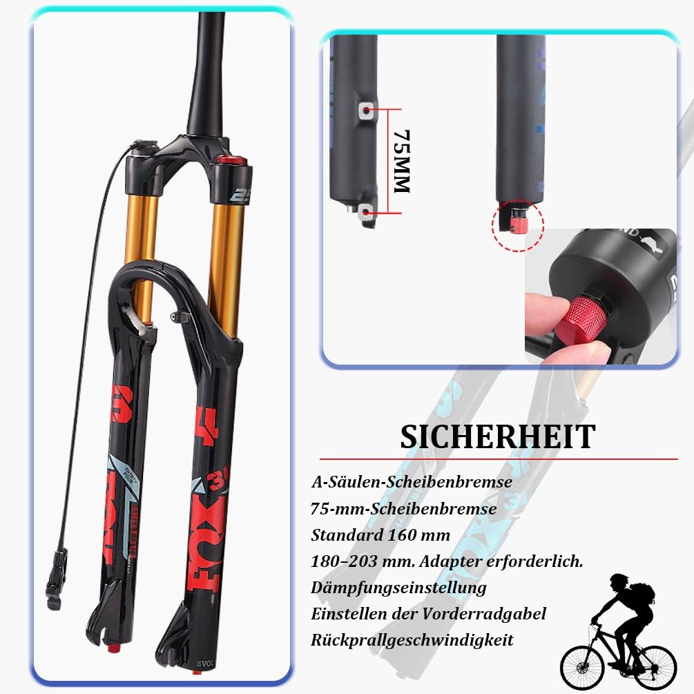 Federgabel MTB 26/27.5/29" Straight(1-1/8") Tapered(1-1/2") 9x100mm Schnellspanner 15x100mm Boost Dämpfungseinstellung 140mm Hub Magnesiumlegierung 75mm Scheibenbremse