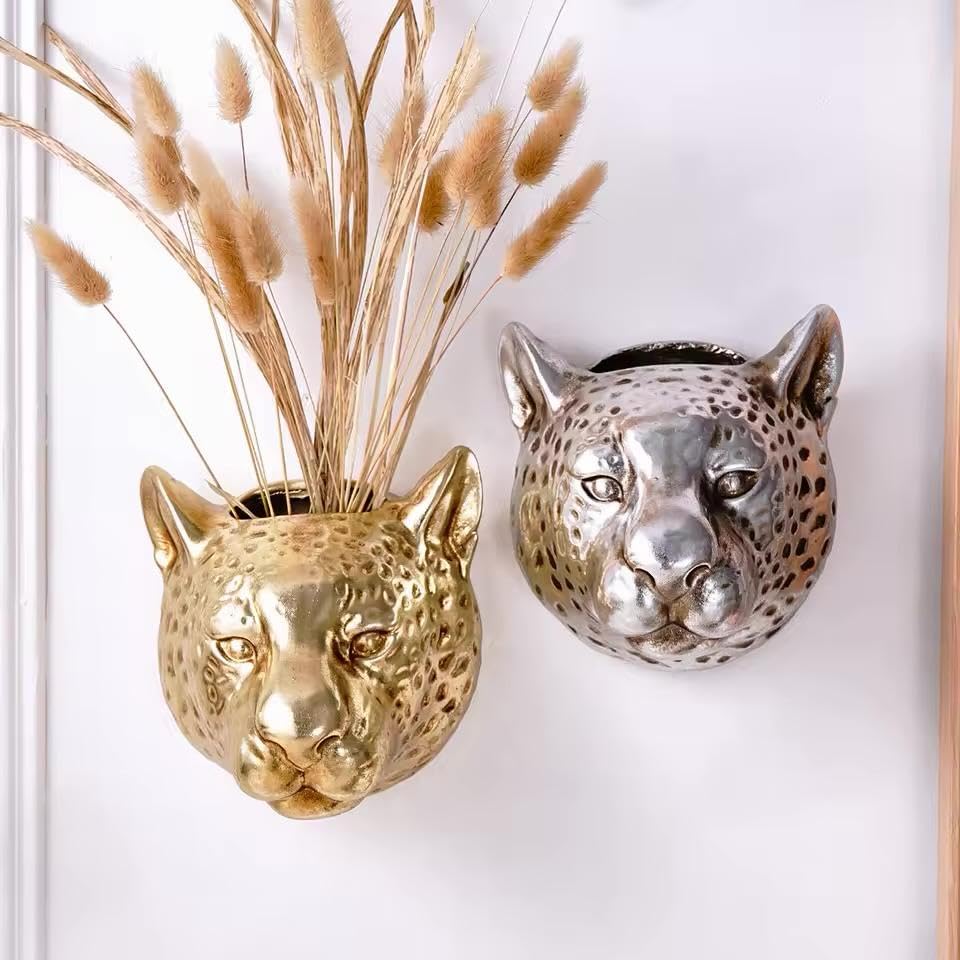 ZOVE Set of 2 Lion Head Wall Hanging Vase (5.59 x 6.22 Inch Height), Decorative Aluminium Wall Planter for Dried Flowers & Artificial Plants, Gold & Silver Modern Flower Vase for Home Decor-image-39