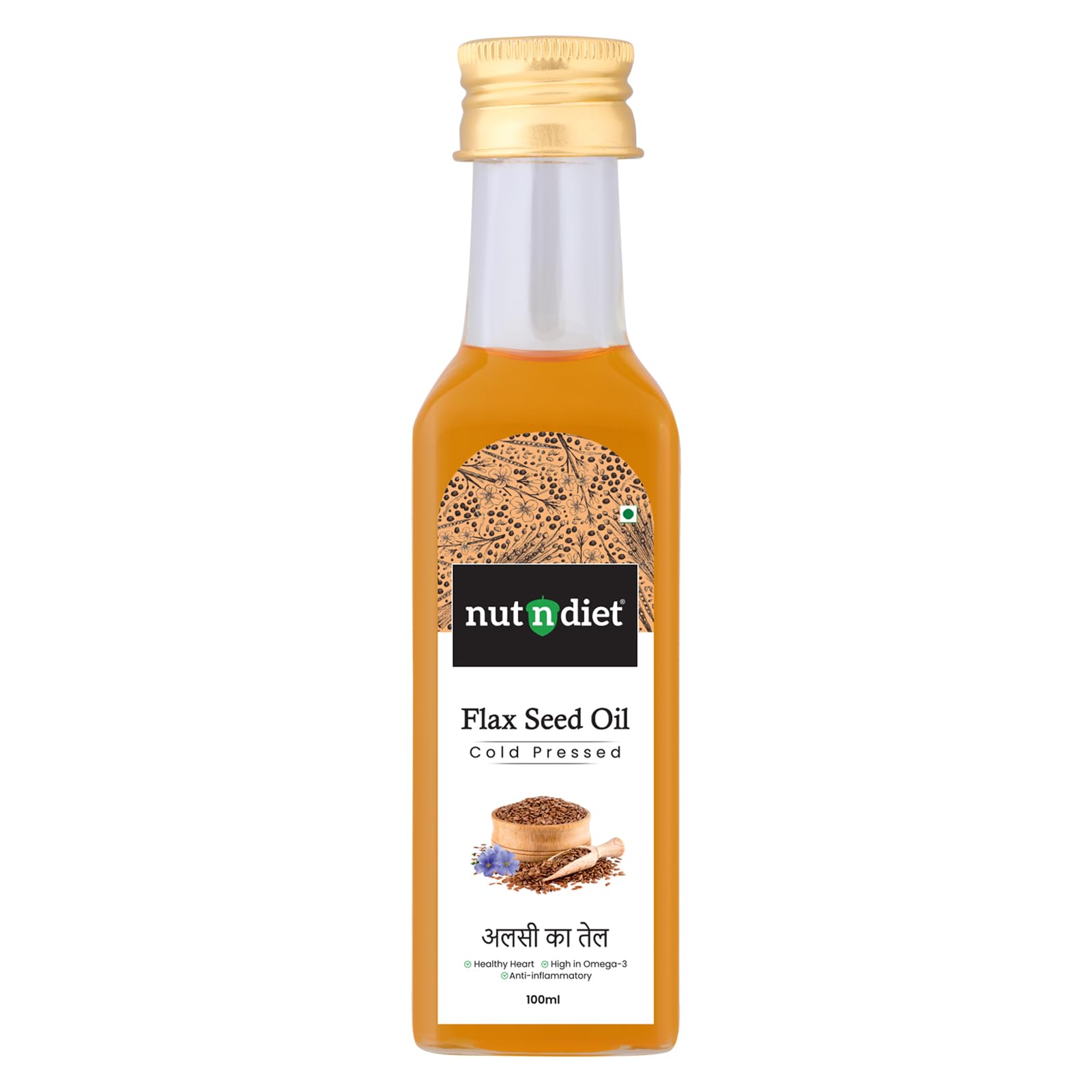 nutndiet Cold Pressed Flaxseed Unrefined Oil 100ml Glass Bottle | Alsi Ka Tel | Pure Omega 3-Rich for Heart Health & Immunity | Multipurpose Oil