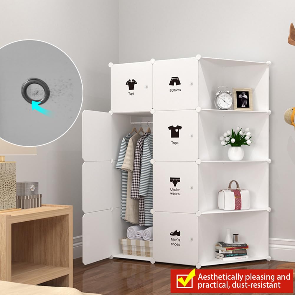 Kleiderschrank, Regalsystem Kleiderschrank aus 10 Würfeln & 1 Kleiderstange, Faltbarer Modulare Schrank Kunststoffschrank mit Türen, eckkleiderschrank für Schlafzimmer Wohnzimmer 111x47x147cm