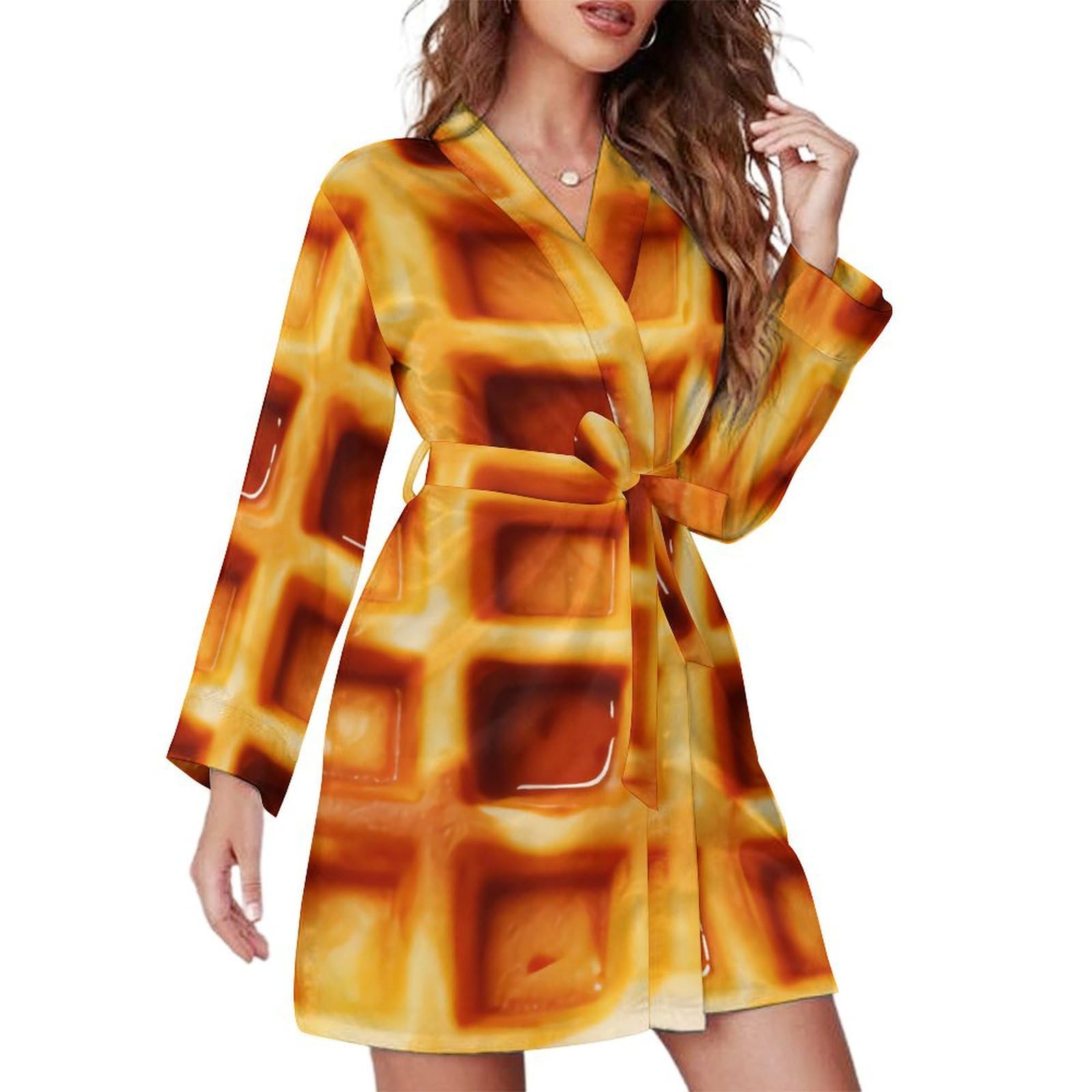 Waffles Food Women's Short Robes Long Sleeve Belted Bathrobe Nightgown V Neck Sleepwear