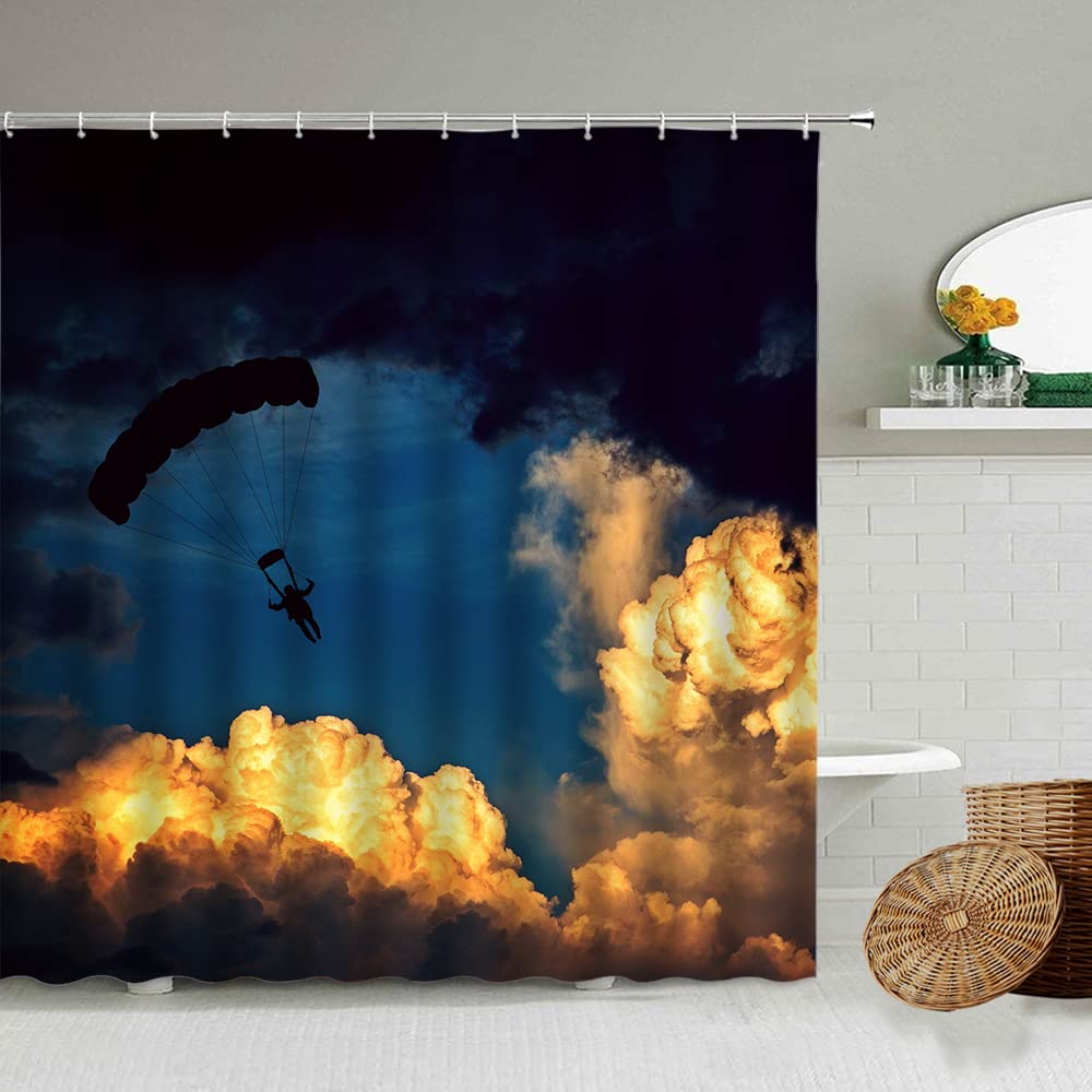 NUEV Tenda da doccia con paracadute cielo blu, nuvole bianche, verdi colline, terreni agricoli, alberi, scenario pastorale naturale, schermo impermeabile per bagno S.1 150x180 cm