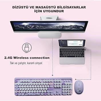 Microcase Mofii Ayıcık Desenli Kablosuz Türkçe Klavye Mouse Set, Mor, Renkli Yuvarlak Tuşlu