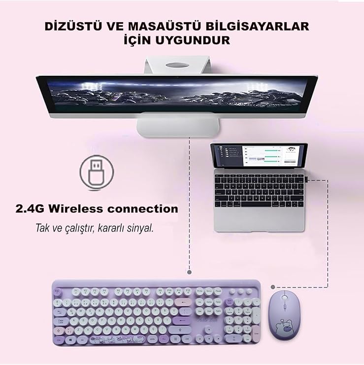 Microcase Mofii Ayıcık Desenli Kablosuz Türkçe Klavye Mouse Set, Mor, Renkli Yuvarlak Tuşlu
