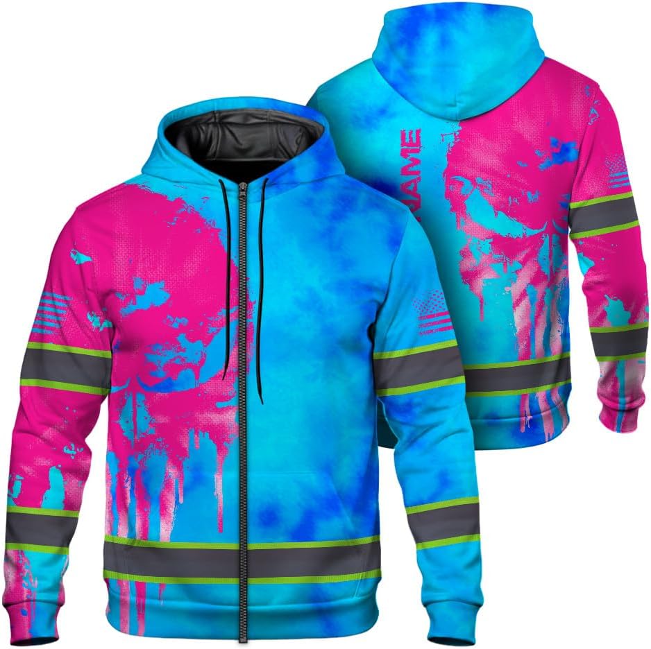 Maddly Hi Vis Reflective Zip Up Hoodie, High Visibility Safety Jacket with Skull Design for runner, worker, trucker, Cyclist