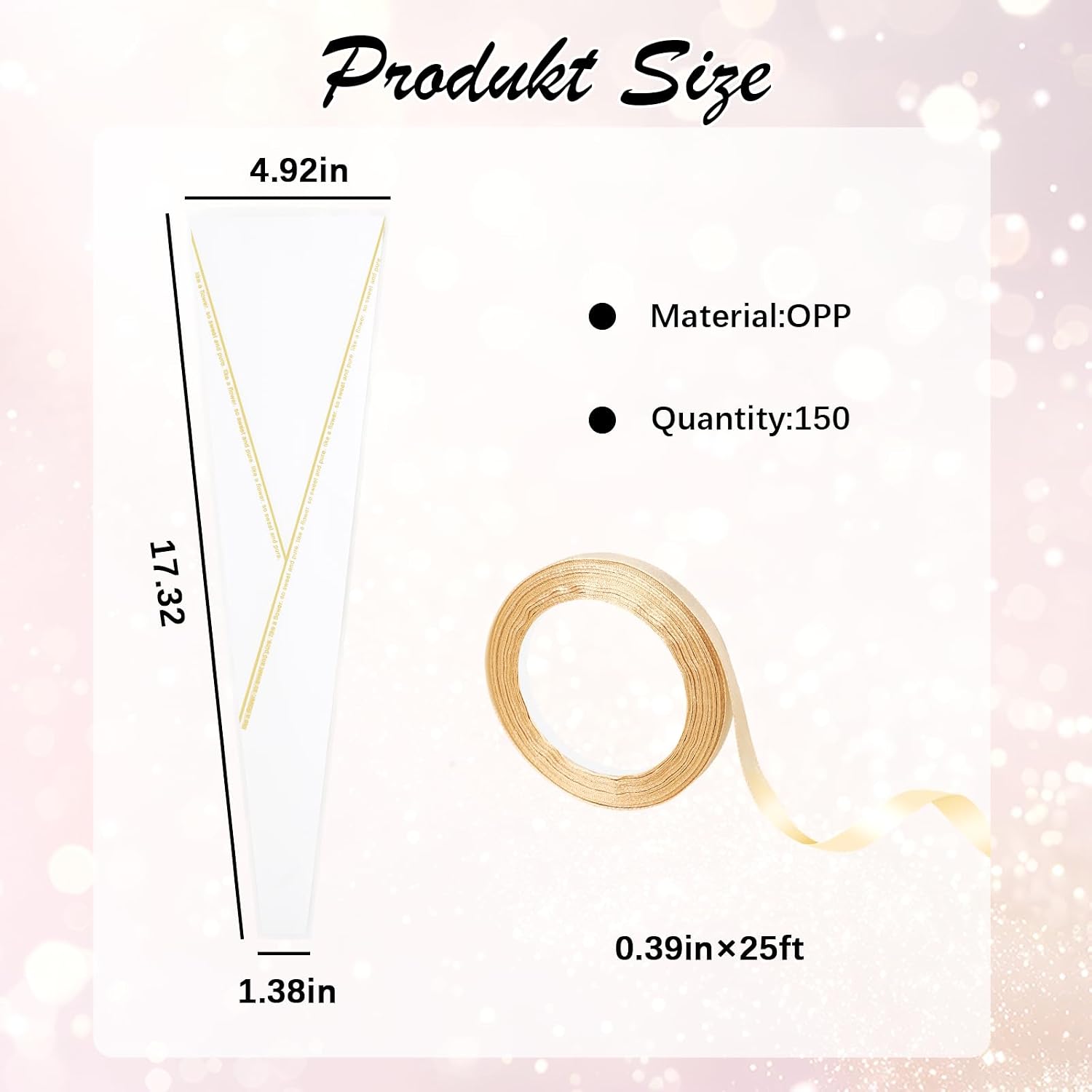 NYTGAH 150Pack Single Rose Sleeve with Ribbons,Bouquet Bags Waterproof,OPP Bouquet Wrapping Paper with Golden Edge for Wedding, Birthday, Florist Supplies(White)