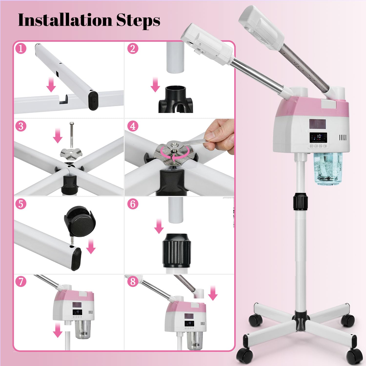 Professional Facial Steamer with Adjustable Height and Rotating Nozzle