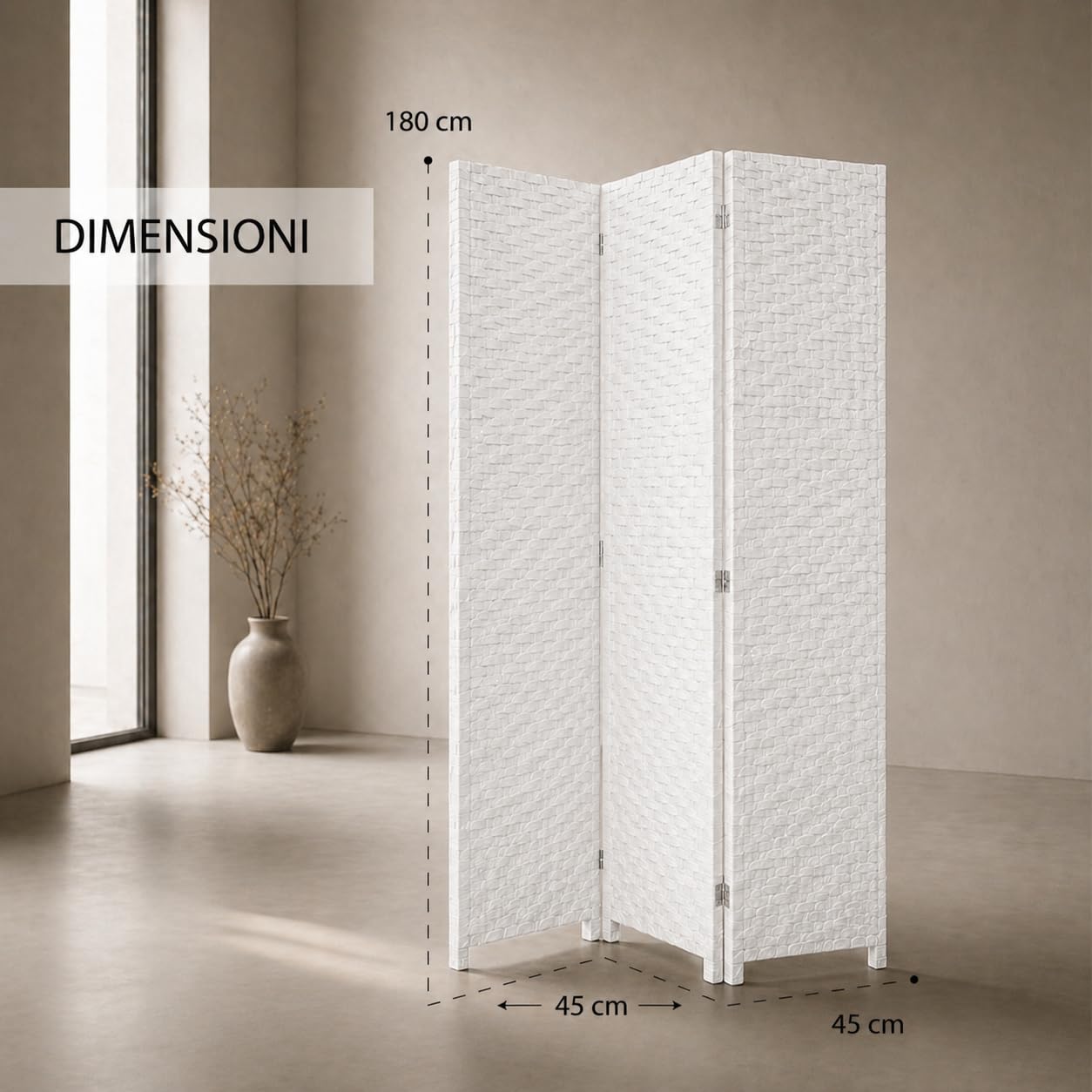 Separè da Interno 3 Pannelli 180X135h CM - Divisorio per Ambienti, in Plastica, Struttura in Legno, Motivo Intrecciato, Autoportante, per Soggiorno, Ufficio, Camera, Pieghevole - (Bianco)