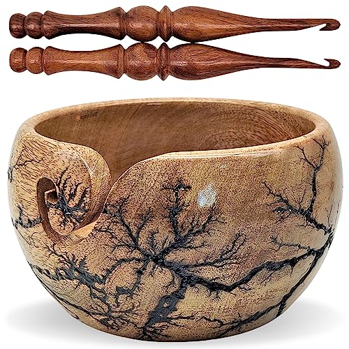 Carfar Knitting Yarn Bowl & Crochet Hooks Set Handmade Wooden Black Texture Yarn Bowl for Crocheting and Knitting (Black)