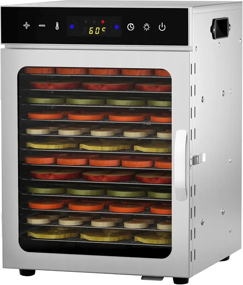 Máquina de Desidratador de Alimentos Comercial 220V, 800W, Temperatura Constante Programada Para 24H E Controlo De Temperatura Entre 40 E 90 °C, Com 12 Bandejas, Para Carne E Frutas