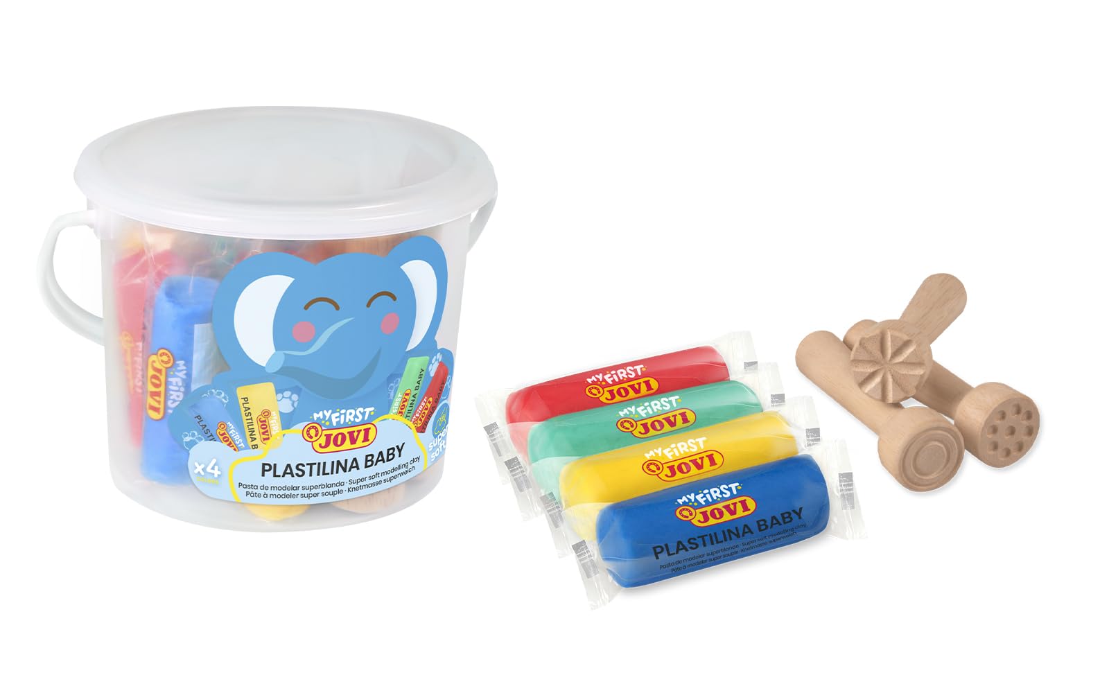 Jovi My First Modelling Clay, 8 Bars of 38g 4 Colours + 3 Wooden Stamps