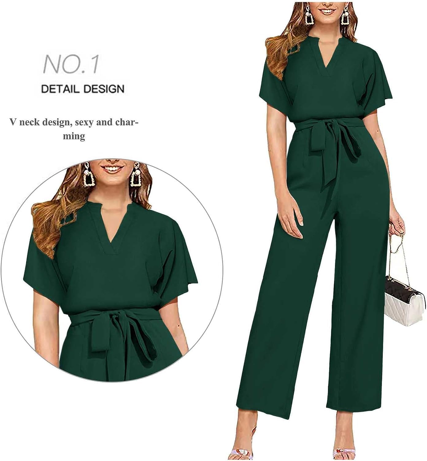 Odzież na co dzień Kombinezony Dressy dla kobiet Casual V neck Krótkie rękawy Pajacyki z szerokimi nogawkami i paskiem (Color : czarny, Size : L)