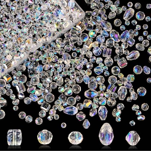 640 Pcs Perles en Verre Facettées pour Création Bijoux - Perles Cristal Couleur AB (4/6/8mm) 5 Formes - Perles Scintillantes pour Loisirs Créatifs, DIY &...