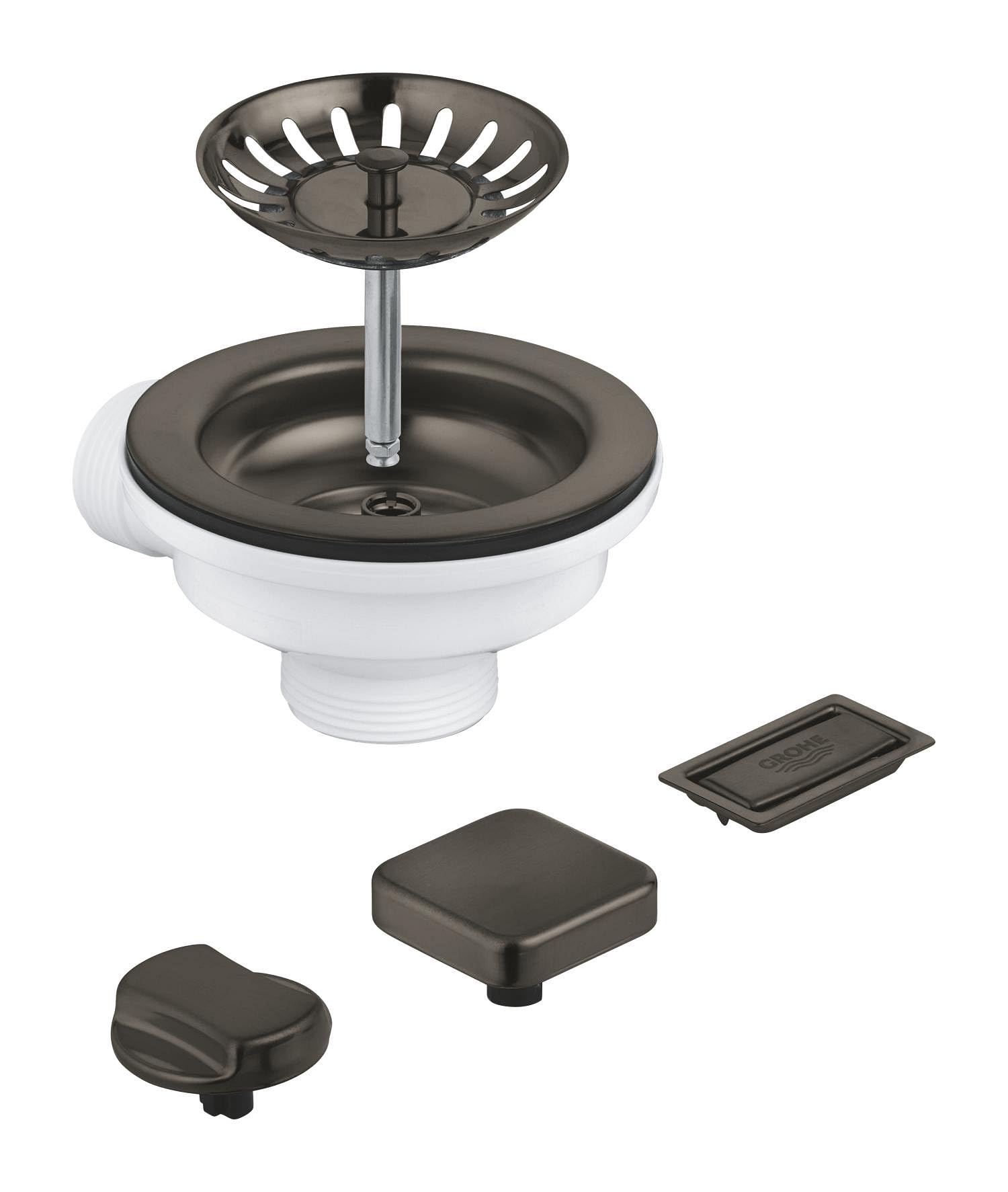 GROHE Bonde pop-up pour évier de cuisine 1 cuve (avec 2 boutons de télécommande : rond et carré, couvercle de trop-plein et filtre à panier) Anthracite brossé 40996AL0