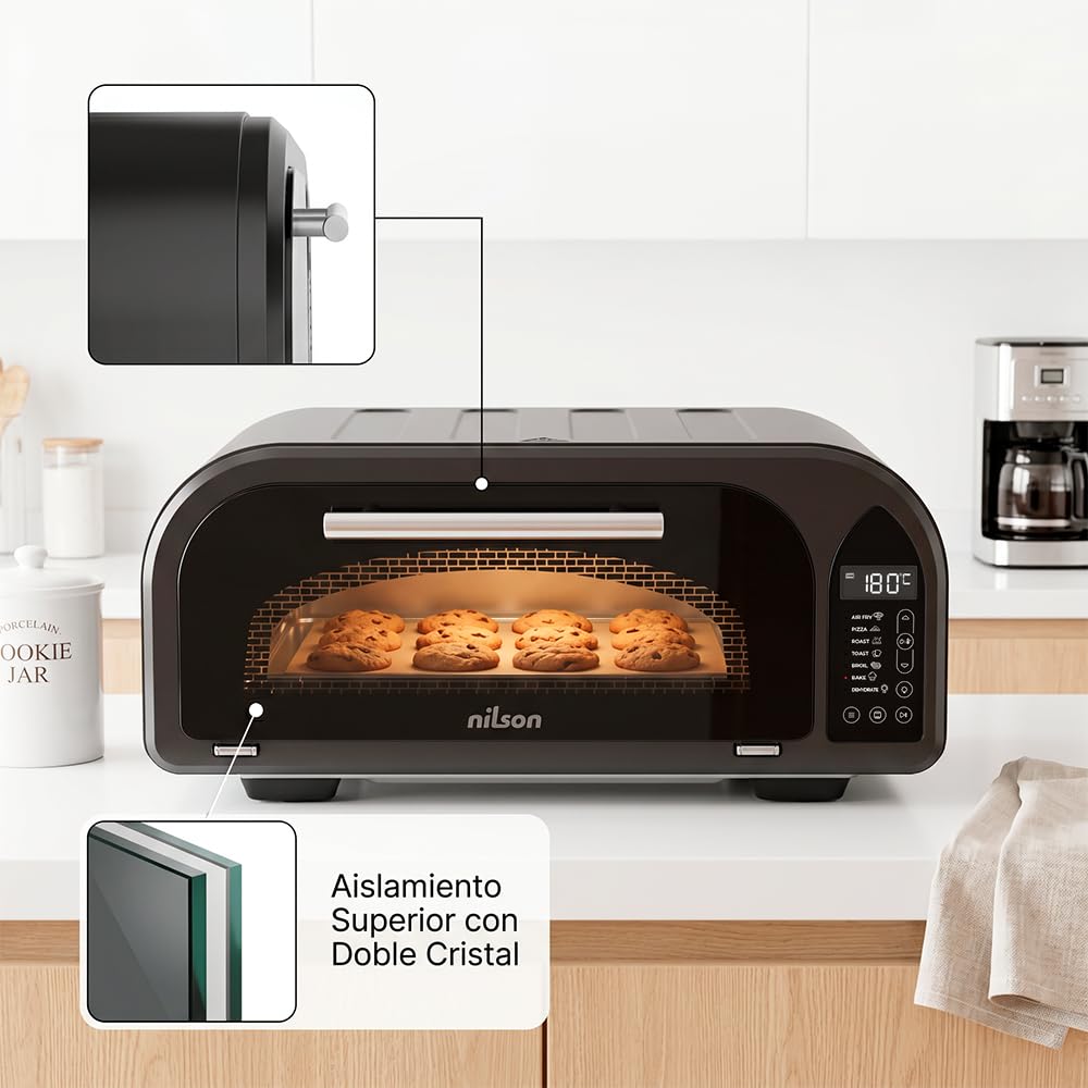Four à pizza 12 L, compact, 2000 W, 7 programmes de cuisson, écran LED, NPM2000DP, thermostat réglable, température maximale 350°, minuterie