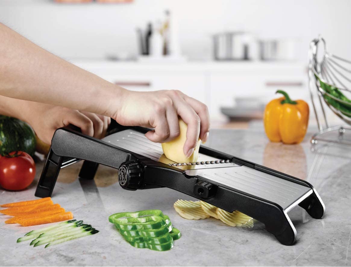 Mandolina Cortador de verduras, profesional, ajustable, de acero inoxidable, para frutas y verduras. Guante resistente a cortes y cepillo de limpieza
