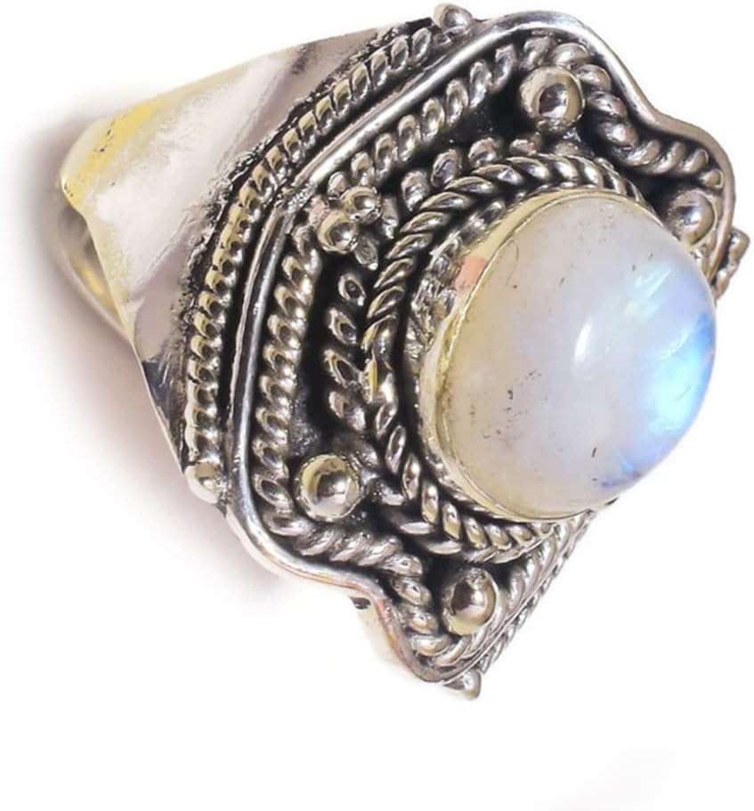 Blue Rainbow Moonstone Cabochon Oval Gemstone Antique Handmade Oxidised Turkish Rings (US-8.25) Jewelry, Blue Flashy Moonstone Rings