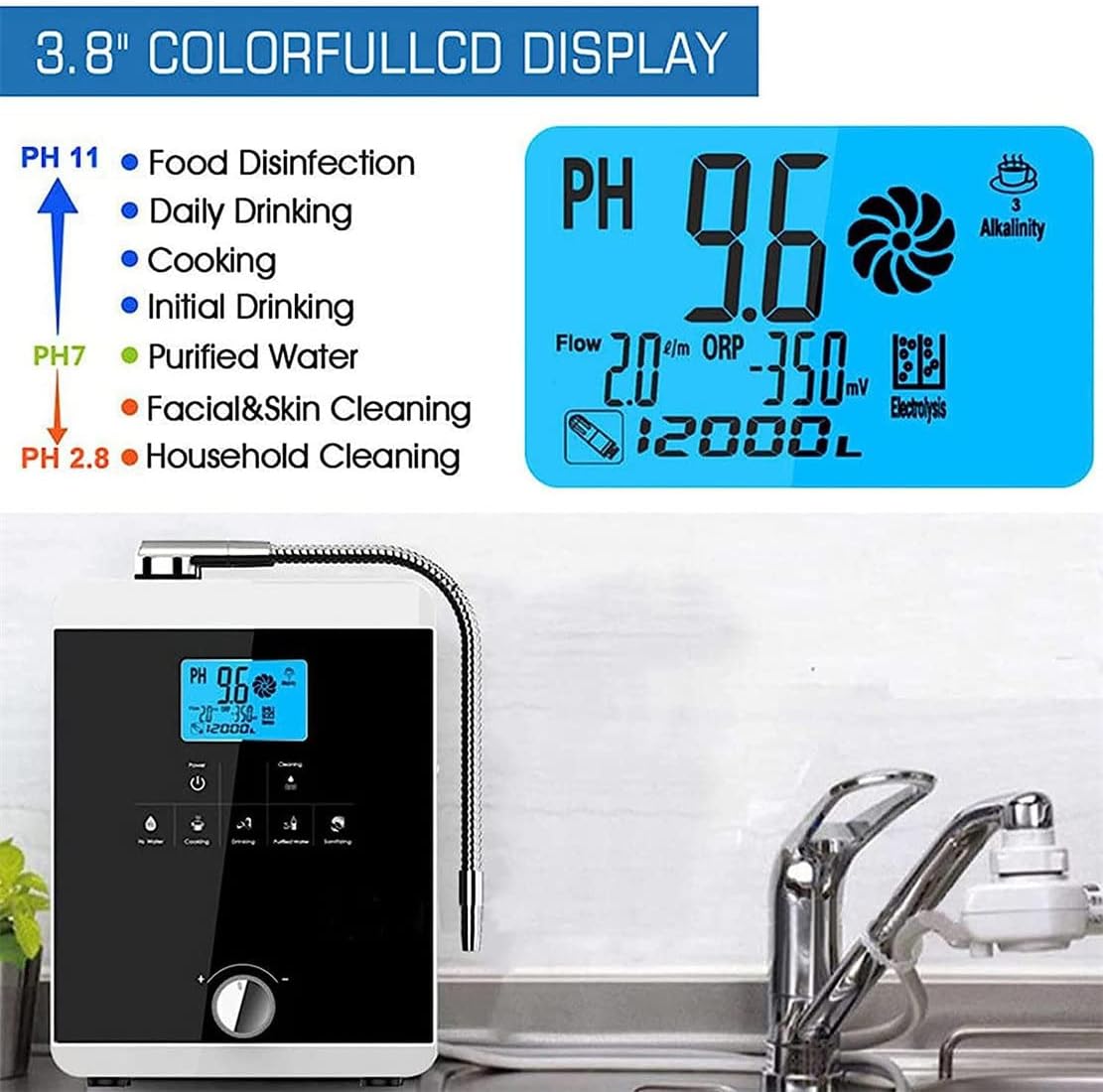 Water Purifier Machine Water Ionizer, Alkaline Water Ionizer Filtration System Machine, Ph 3.5-10.5 Alkaline Acid Up to -800Mv Orp Auto-Cleaning LCD Touch Water Filter