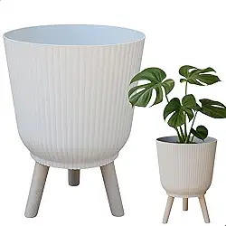 Cachepô 14,5L 30cm x 27,5cm Branco com Tripé Acabamento Madeira Granito - Polipropileno Duro e Resistente - Vaso Decorativo Elegante para Plantas - Top Garden