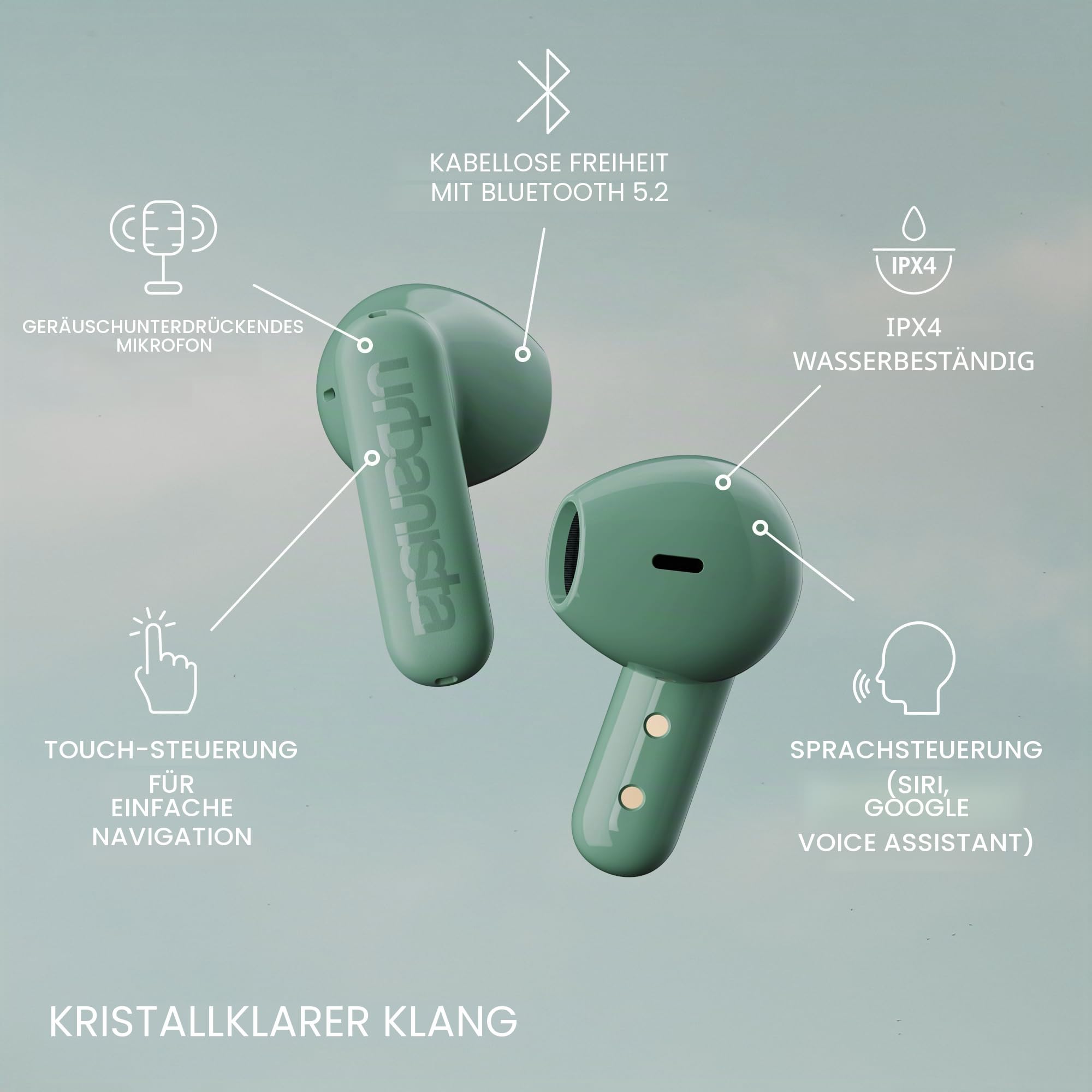 Urbanista Copenhagen True Wireless In Ear Kopfhörer Bluetooth 5.2, Touch-Bedienung Earbuds & Noise Cancelling Mikrofon, 32 Std. Spielzeit, USB C Ladecase, IPX4 Wasserabweisend, Salbeigrün