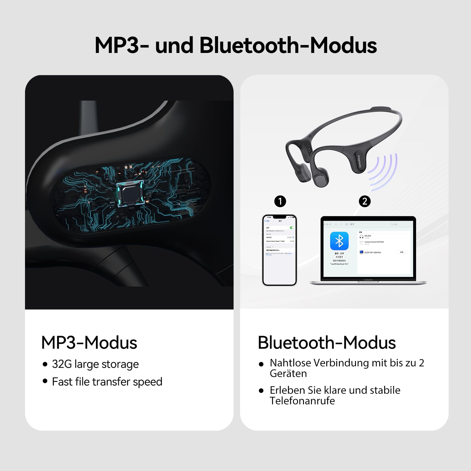 mojawa Run Plus Knochenschall-Kopfhörer, Open-Ear, Bluetooth 5.2, 32 GB MP3, IP68 Wasserdicht, ENC-Mikrofon, für Schwimmen, Laufen, Radfahren, Wandern, Surfen, Fitness und den Alltag – Schwarz