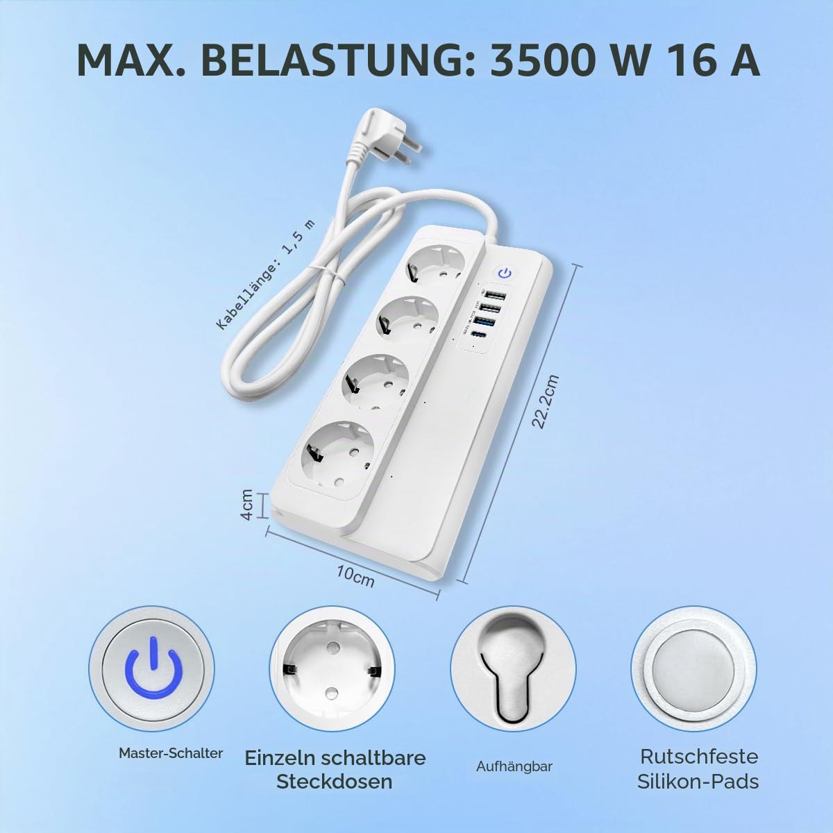 UseeLink Smart Matter Steckdosenleiste,Mehrfachsteckdose einzeln schaltbar kompatibel mit HomeKit,Alexa, Google Assistant, Fernzugriff, 1,5M