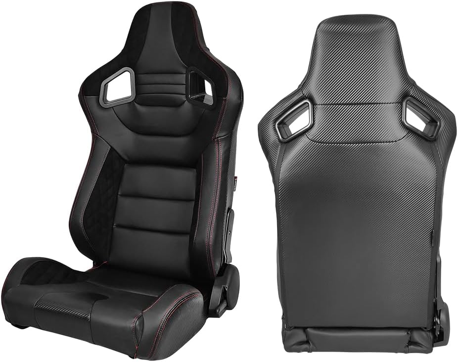 Universal Racing Seats, Adjustable Reclinable Bucket Seats with Dual Slider, Suede & PU Leather & Carbon Leather Sport Seat, 1 Pair, Black with Red Stitch & Diamond Stitch
