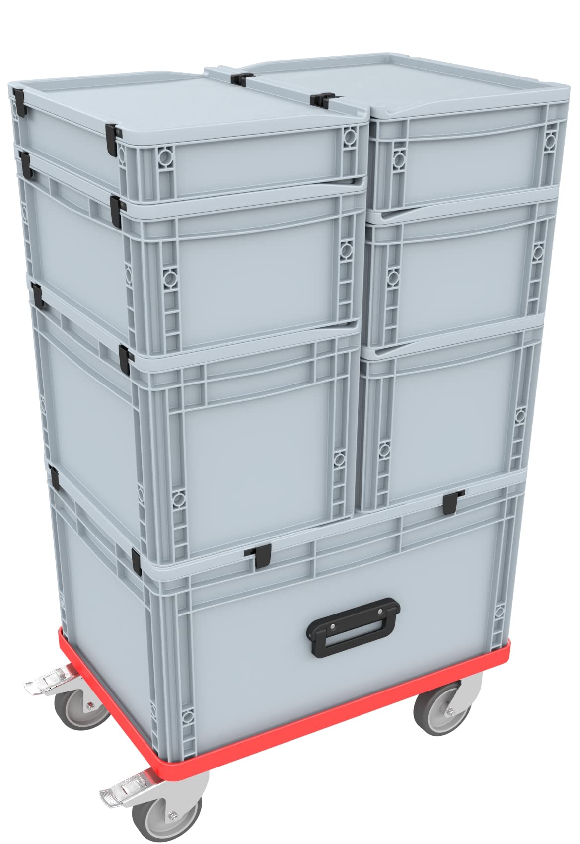 Auer Packaging Transportroller rot mit Gummirädern und Feststellbremse für Euroboxen bis 600 mm x 400 mm