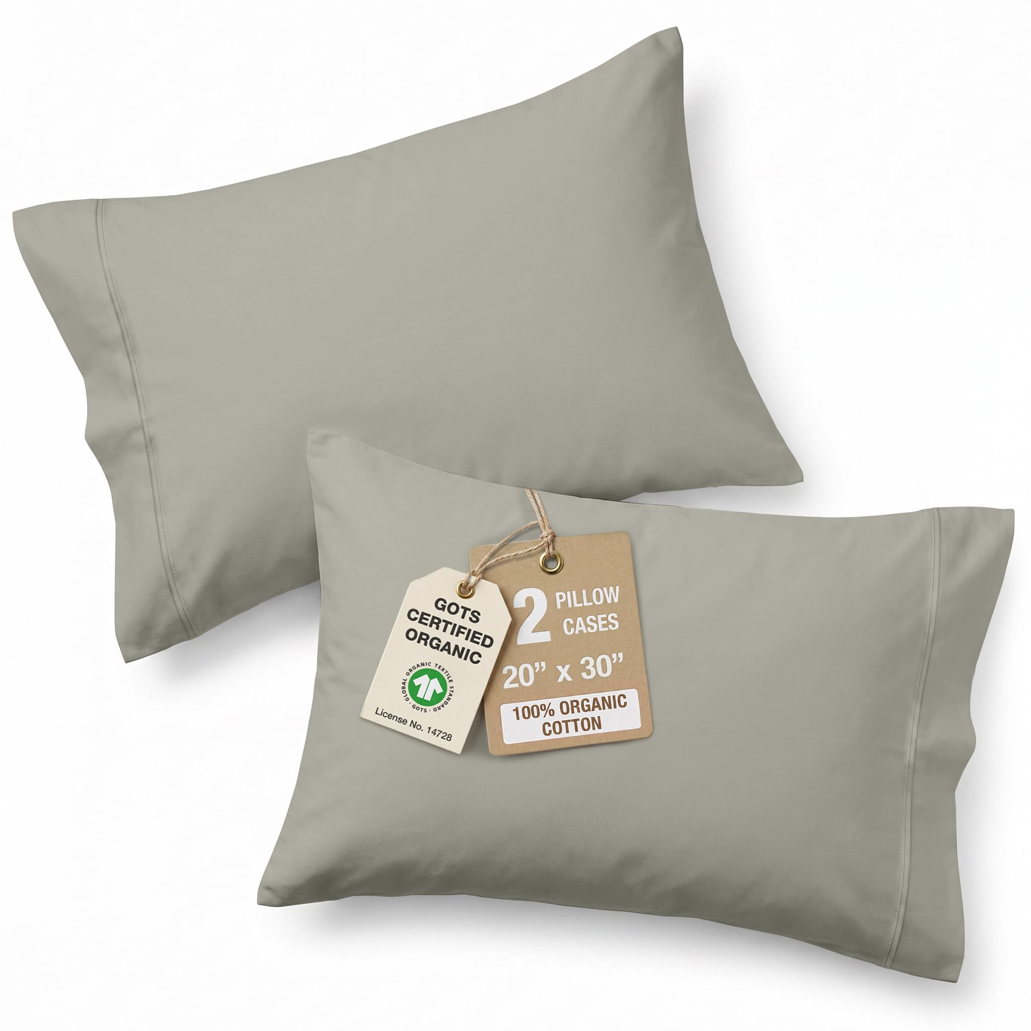 Lane Linen Organic Cotton 2 Pack Pillowcases Standard Size, Silver Grey - Set of 2 (50 x 75cm) - GOTS Certified 100% Organic Cotton - Envelope Closure - OEKO-TEX