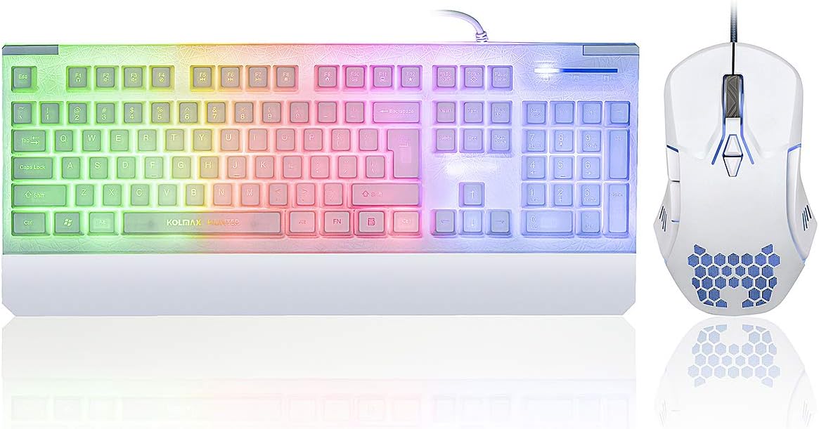 White Gaming Keyboard and Mouse Combo Colorful lights Rainbow LED Backlit Keyboard with Ergonomic Detachable Wrist Rest, Programmable 3000 DPI 7 Button Gaming Mouse for Windows PC Mac Office/Gaming