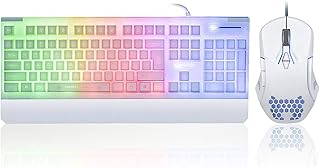 White Gaming Keyboard and Mouse Combo Colorful Lights Rainbow LED Backlit Keyboard with Ergonomic Detachable Wrist Rest, Programmable 3200 DPI 7 Button Gaming Mouse for Windows PC Mac Office/Gaming