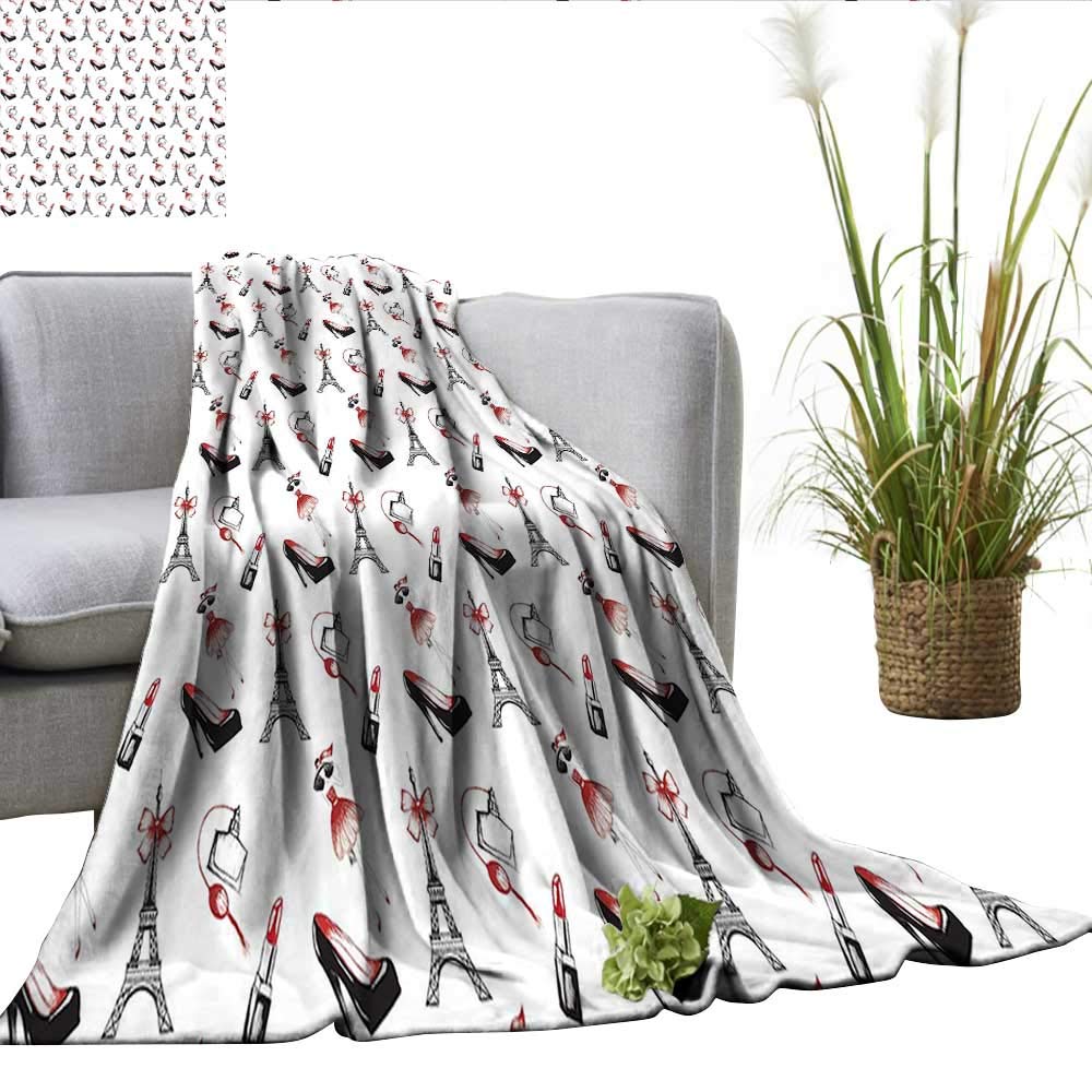 warmfamily Eiffel Bed Cover Hand Drawn Style Pattern Women Fashion Elements Shoes Lipstick Perfume Lady Blankets and Throws Ruby Black White W60 xL62