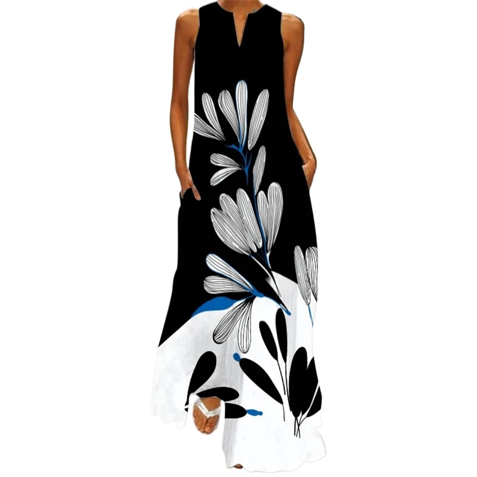 Strandkleid Damen lang Sommer Strand Rock für Damen V-Ausschnitt ärmelloses Kleid für Frauen Sonnenkleid Retro Print Lange Kleider mit Tasche